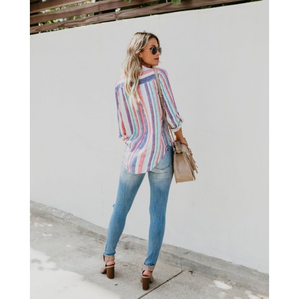 Fashion Womens Long Sleeve Harajuku Shirt Colours Rainbow Striped Blouse Casual Summer vintage