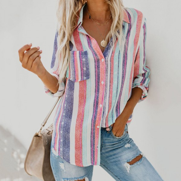 Fashion Womens Long Sleeve Harajuku Shirt Colours Rainbow Striped Blouse Casual Summer vintage