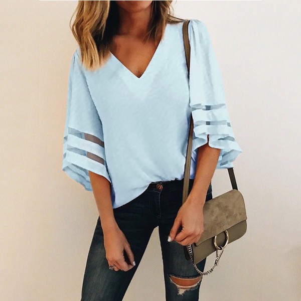 2018 Female Sexy V Neck Loose Chiffon Blouse Skirt Women Summer Long Sleeve Office Tulle Tops Polo Shirts Womens