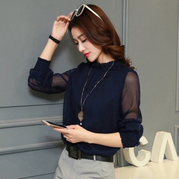Chiffon Blouse 2018 New Women Tops Long Sleeve Stand Neck Work Wear Shirts Elegant Lady Blouses Casual Solid Color