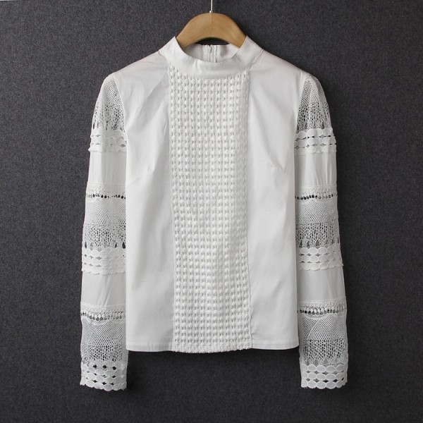 New Women Blouses Slim Bottoming Long-sleeved White Shirt Lace Hook Flower Hollow New Women Blouses Slim Bottoming Long-sleeved White Shirt Lace Hook Flower Hollow