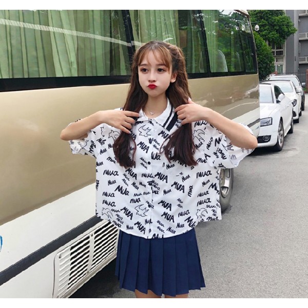 Letter Print Women Blouse Short Sleeve Women Shirts Casual Turn Down Collar Blouse Female Letter Print Women Blouse Short Sleeve Women Shirts Casual Turn Down Collar Blouse Female
