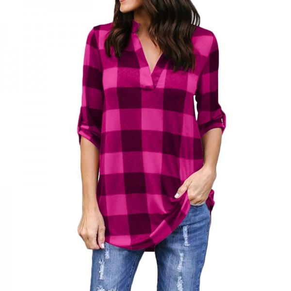 Plaid Loose Shirt V Neck Long Sleeve Rol...