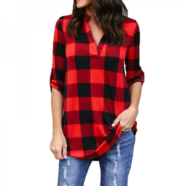 Plaid Loose Shirt V Neck Long Sleeve Roll-up Oversize Long Blouse Casual Top