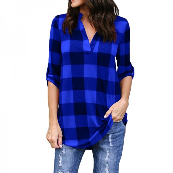 Plaid Loose Shirt V Neck Long Sleeve Roll-up Oversize Long Blouse Casual Top