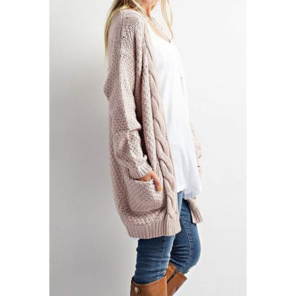 Womens Loose Open Front Long Sleeve Solid Color Knit Cardigans with Two Packets