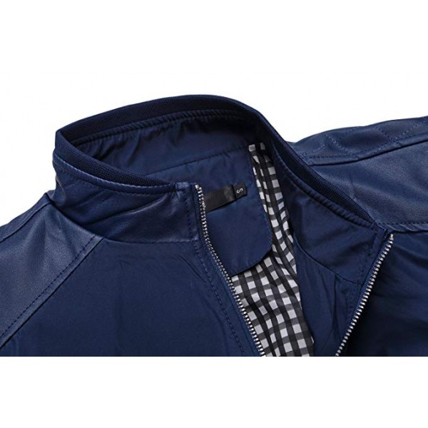 Men's Casual Stand Collar Slim Leather Sleeve Bomber Jacket